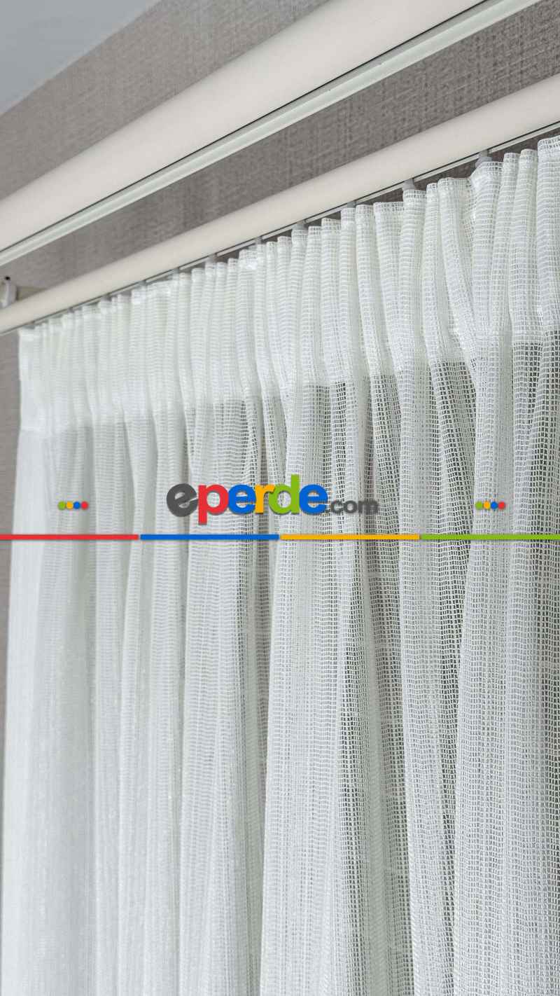 Brillant Ekru Hafif Simli File Tül Perde, Büzgü Ekstraforlu