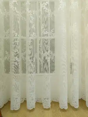 Ekru Örme Çiçek Desenli Tül Perde- Ekru