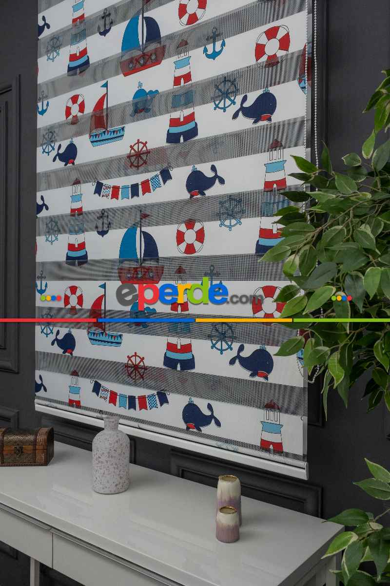 Erkek Çocuk Odası zebra Perde - Çapa Gemici Denizci Desenli Baskılı Zebra Perde - Mavi Lacivert