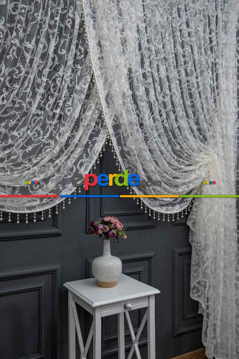 Beyaz Tül Perde - Sarmaşık Şal Desenli Tül - Kruvaze Model Yanki Tül Perde - Düz Model Seçeneği Var - Örme Tül