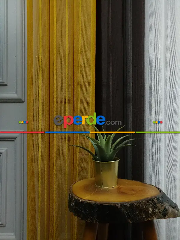 Lens Akıllı Dikey Tül Perde 117- Beyaz-kahve Koyu-hardal