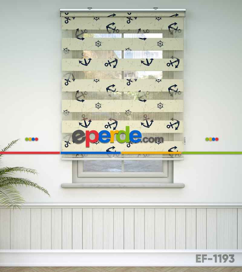 Bebek Odası Zebra Perde - Çapa Baskılı Zebra Perde- Lacivert-Kahve Açık