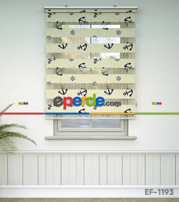 Bebek Odası Zebra Perde - Çapa Baskılı Zebra Perde- Lacivert-Kahve Açık