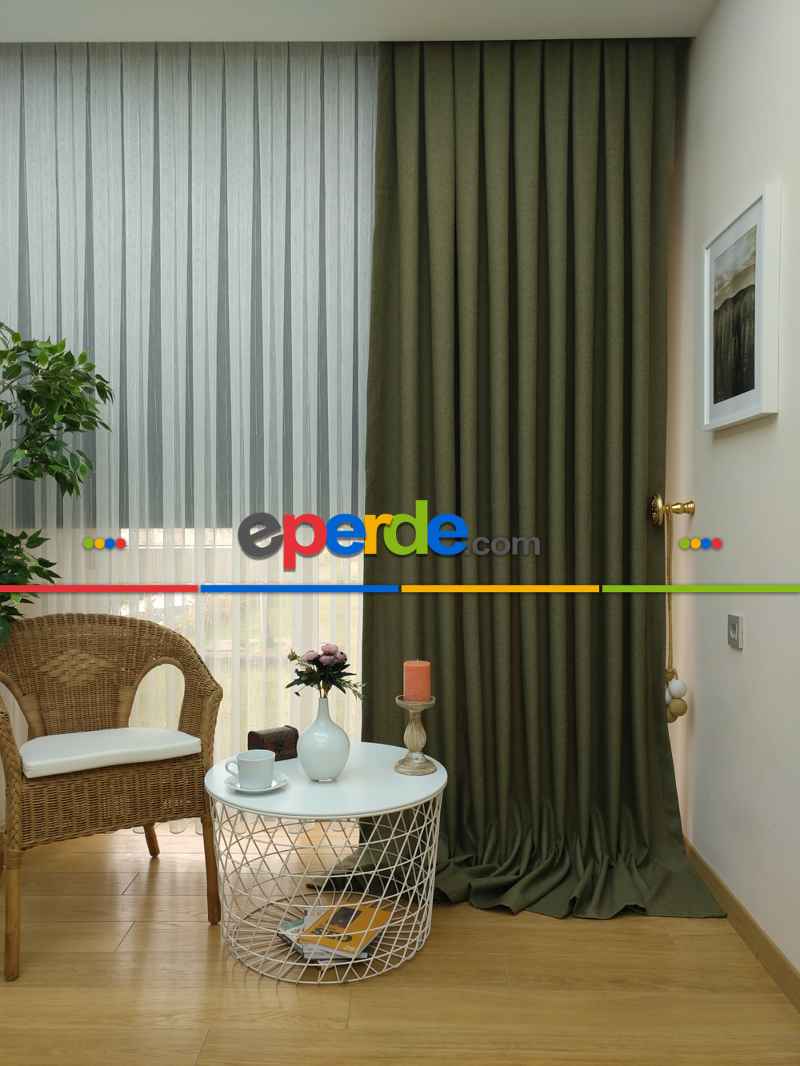 Keten Koyu Haki Yeşil Renk Düz Fon Perde - Haki