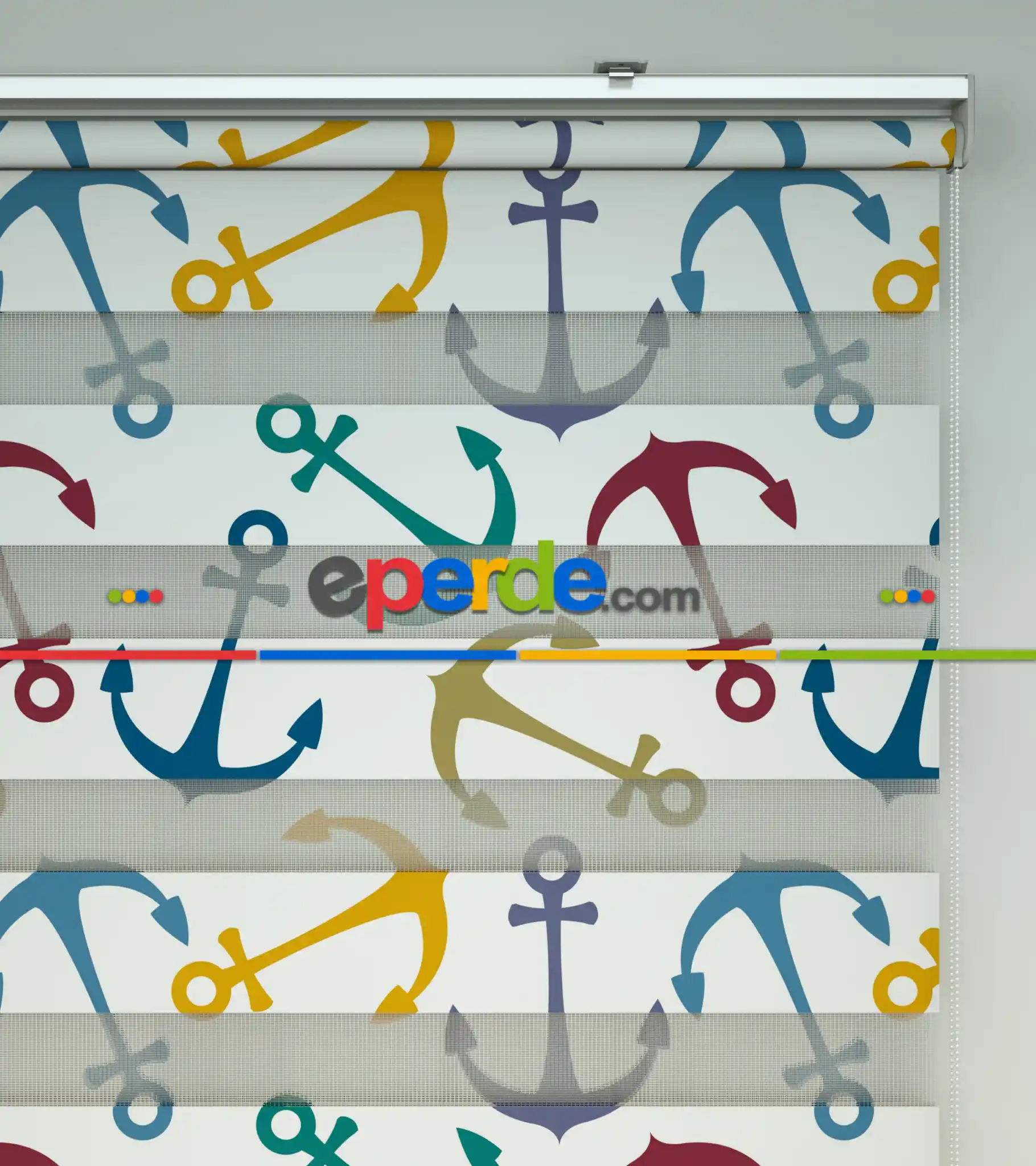 Renkli Çapa Baskılı Zebra Perde- Mavi-sarı-beyaz-turkuaz