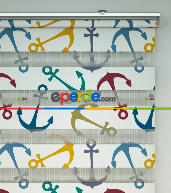 Çocuk Odası Zebra Perde - Renkli Çapa Baskılı Zebra Perde- Mavi-Sarı-Beyaz-Turkuaz