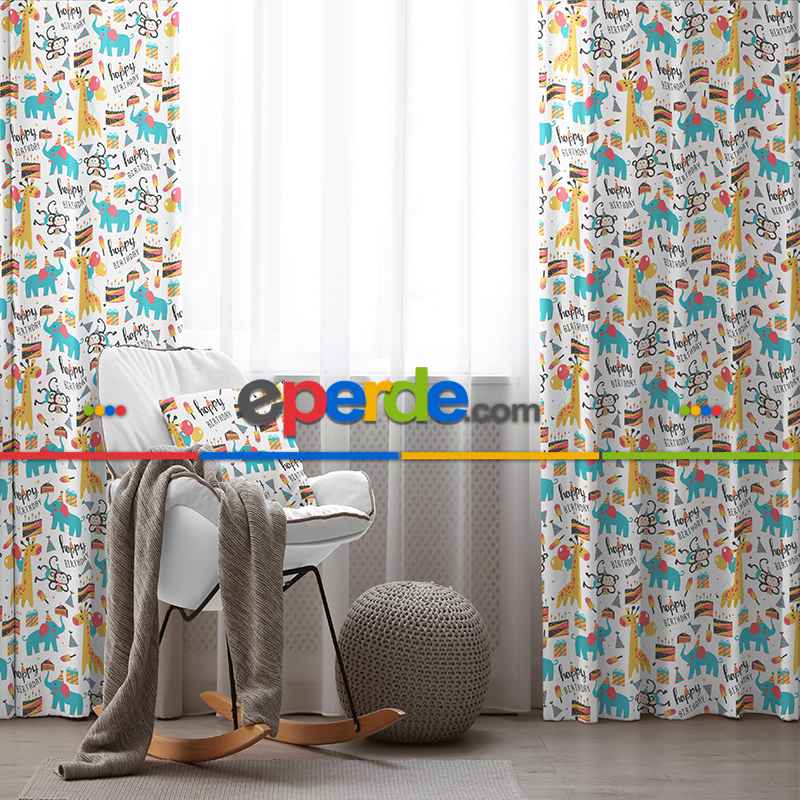 Zürafa Desenli Fon Perde Evim869 Kumaşı Kalındır Duck Bezi Değildir- Mavi-beyaz