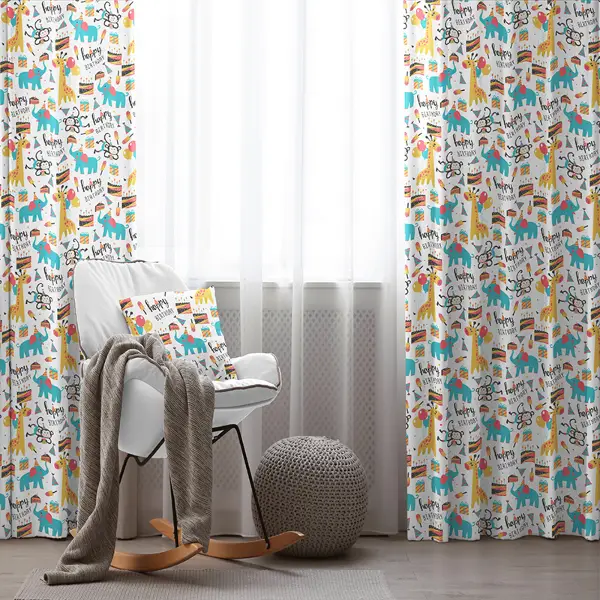 Çocuk Odası - Zürafa Desenli Fon Perde Evim869 Kumaşı Kalındır Duck Bezi Değildir- Mavi-beyaz