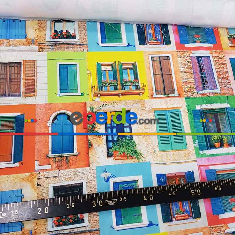 Renkli Pencereli Desenli Fon Perde Evm1068 Kumaşı Kalındır Duck Bezi Değildir- Mavi-Sarı-Kırmızı Açık