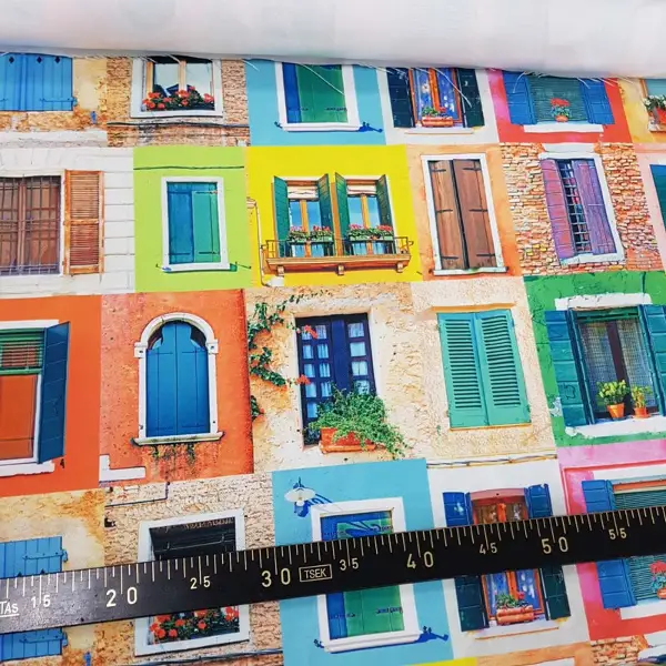 Renkli Pencereli Desenli Fon Perde Evm1068 Kumaşı Kalındır Duck Bezi Değildir- Mavi-Sarı-Kırmızı Açık