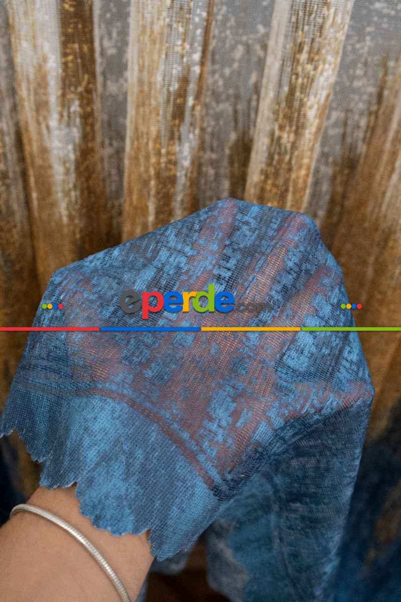 Salon Tül Modelleri - Modern Hardal Ve Mavi Desenli Degrade Geçişli Örme Tül Perde Yüksek Kalite