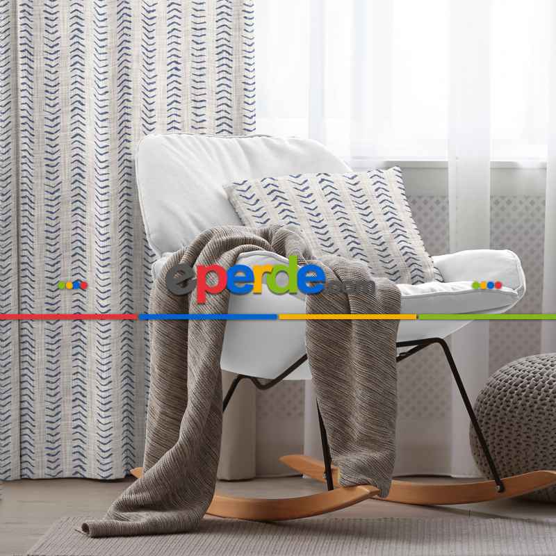 Etnik Fon Perde Evim1535 Kumaşı Kalındır Duck Bezi Değildir- Mavi-beyaz