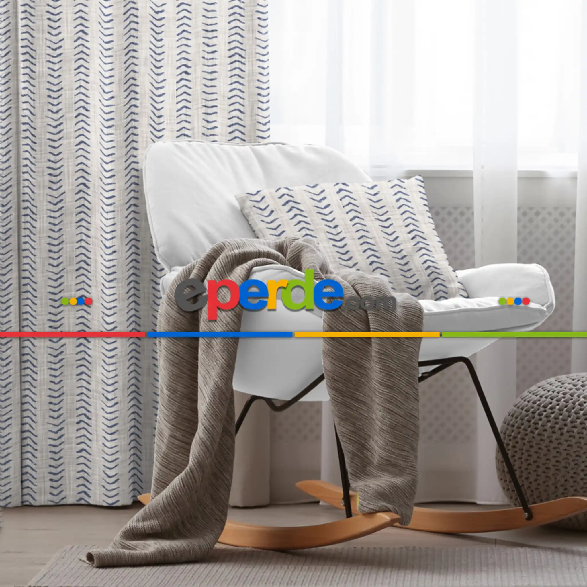 Etnik Fon Perde Evim1535 Kumaşı Kalındır Duck Bezi Değildir- Mavi-beyaz