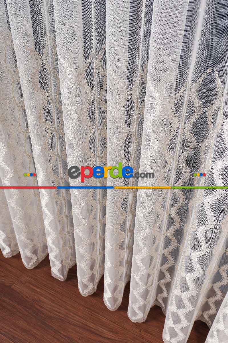 Salon Tül Modelleri - Eteği Duble Nakış Işlemeli Tül Perde