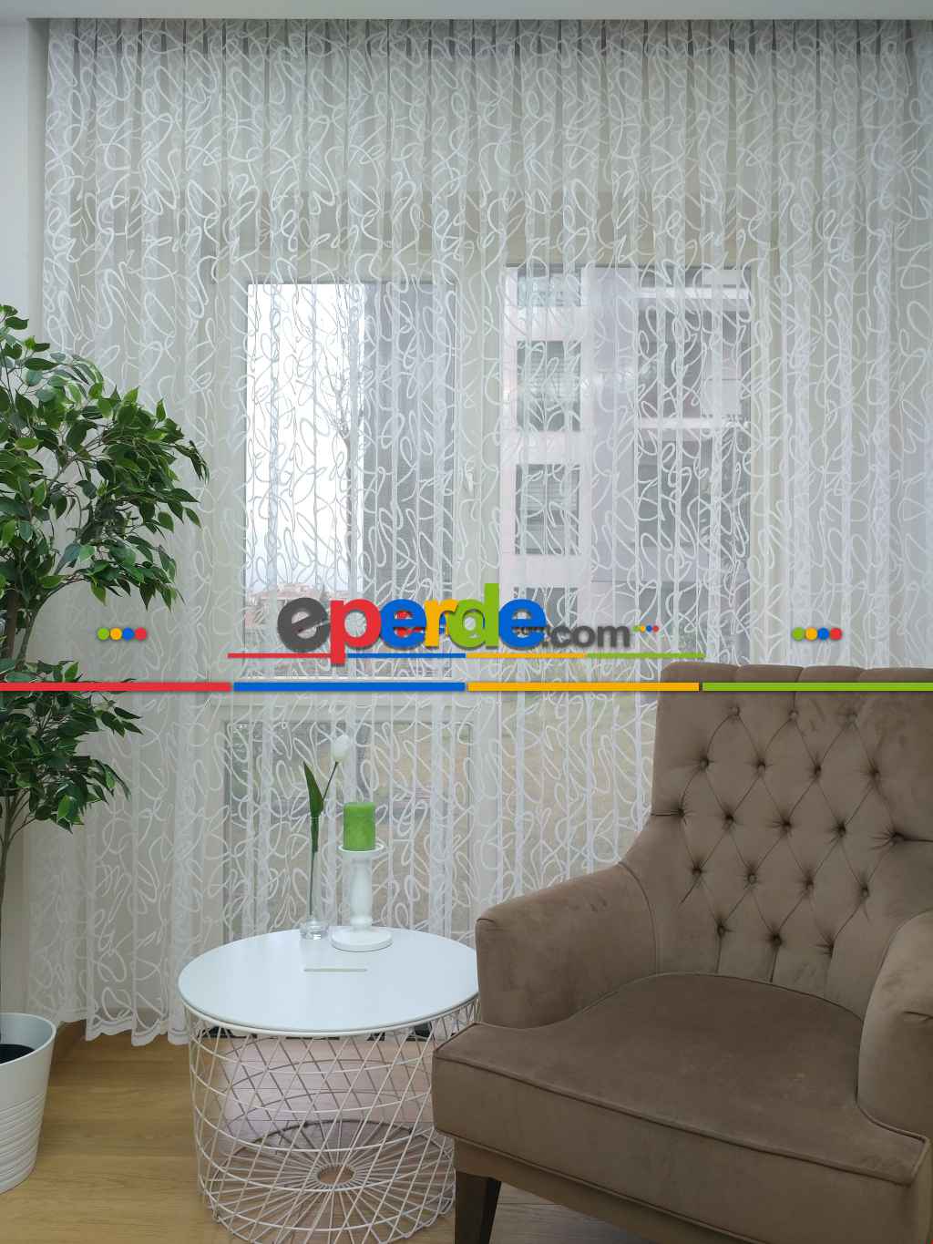 Fırsat Ürünü!! Hazır Ölçülü Spor Desen Fransız Dantel Modern Desenli Tül Perde