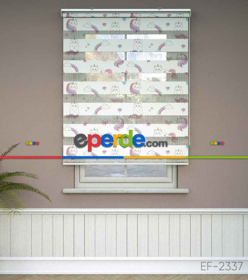 Unicorn Desenli Baskılı Zebra Perde- Çok Renkli