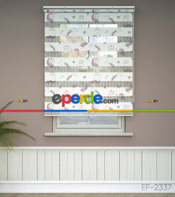 Unicorn Desenli Baskılı Zebra Perde- Çok Renkli