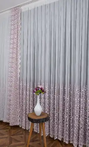 Pudra Pembe Beyaz Renk Geçişli Çiçekli Fon Perde 70cm X 280cm 