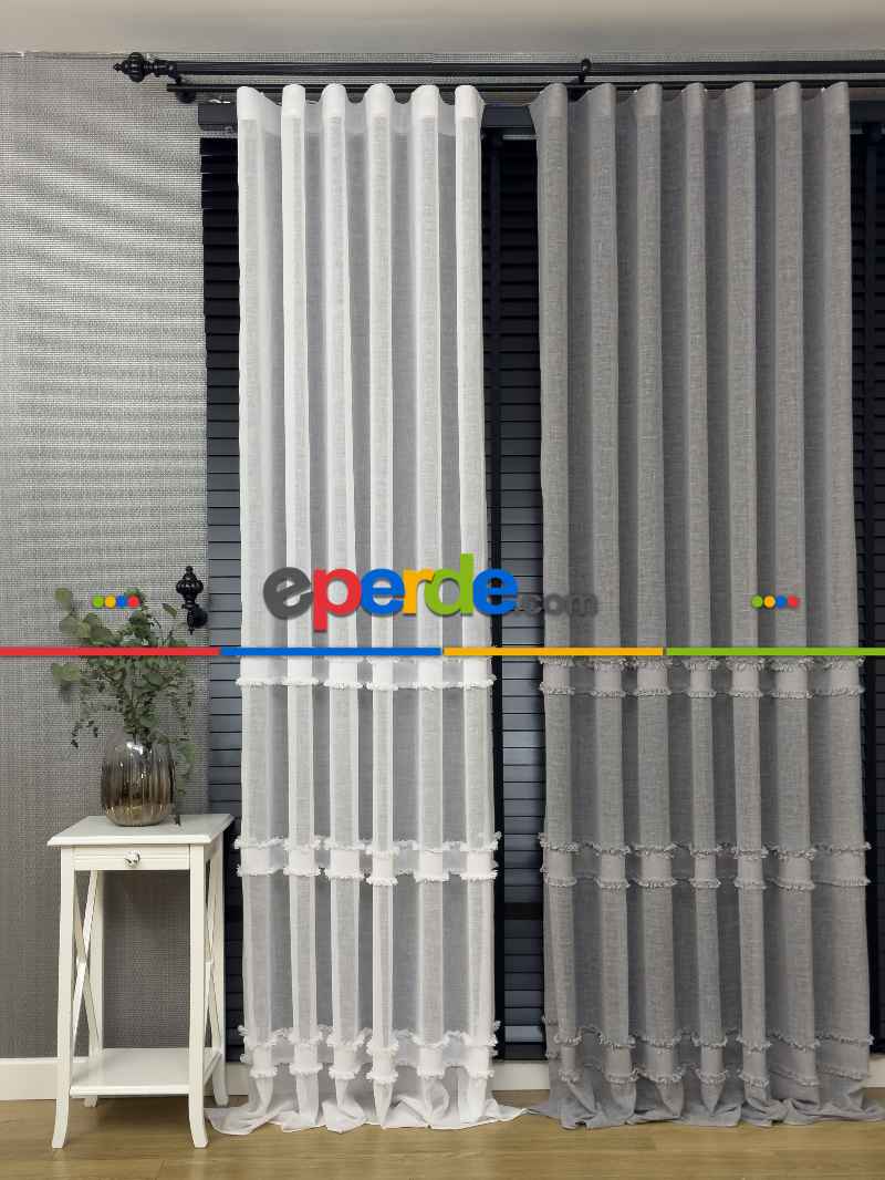 Yeni Koleksiyon Saçaklı Bantlı Keten Tül - Perde Ekru Ve Gri Renk Seçenekleri
