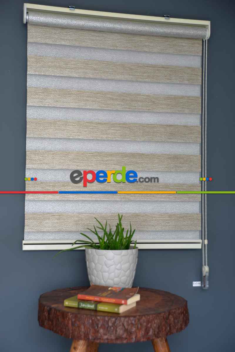 Halim Perdesan Sm-402 Haki & Gümüş Yaldız Renk Etekli Veya Eteksiz Zebra Stor Perde