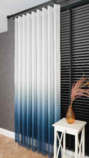 Keten Ekru Mavi Degrade Geçişli Tül Perde, Ağır Gramajlı Premium Seri, Eteği Kurşunlu