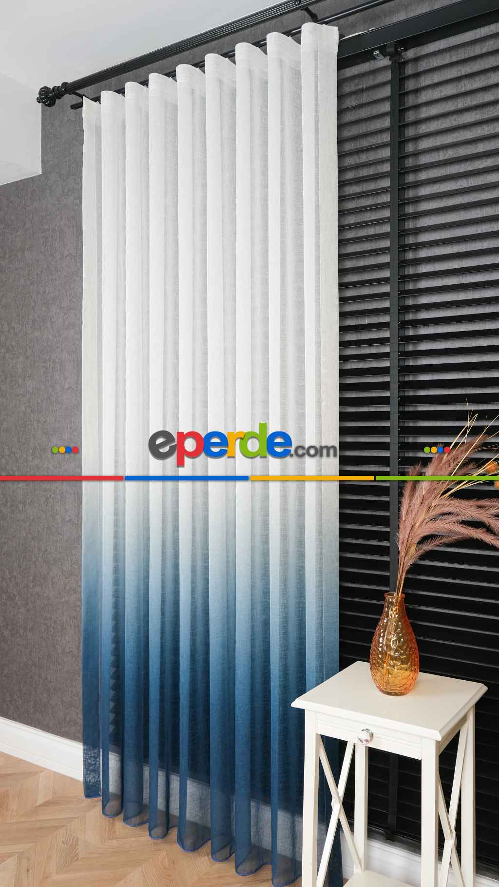 Keten Ekru Mavi Degrade Geçişli Tül Perde, Ağır Gramajlı Premium Seri, Eteği Kurşunlu