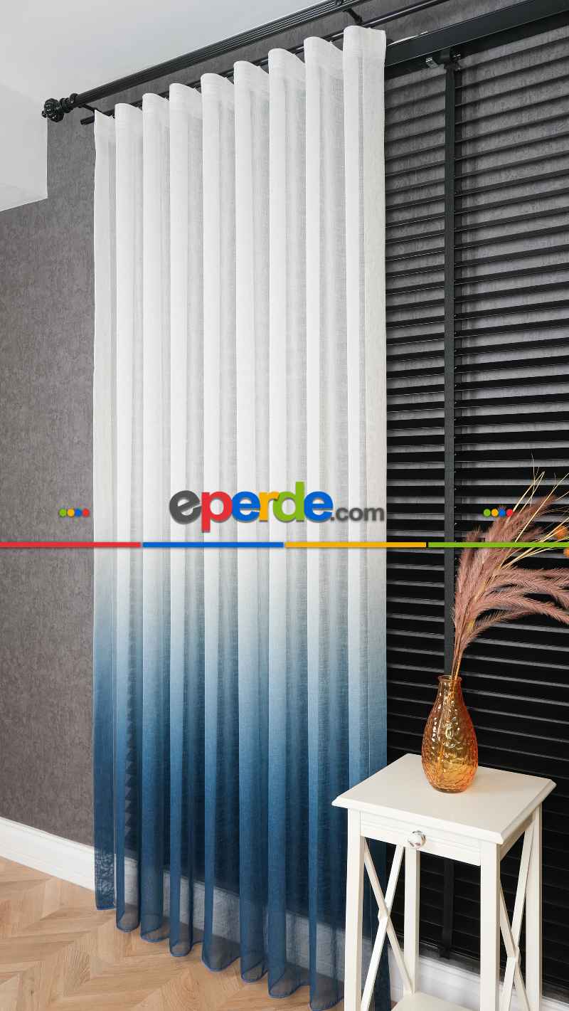 Keten Ekru Mavi Degrade Geçişli Tül Perde, Ağır Gramajlı Premium Seri, Eteği Kurşunlu