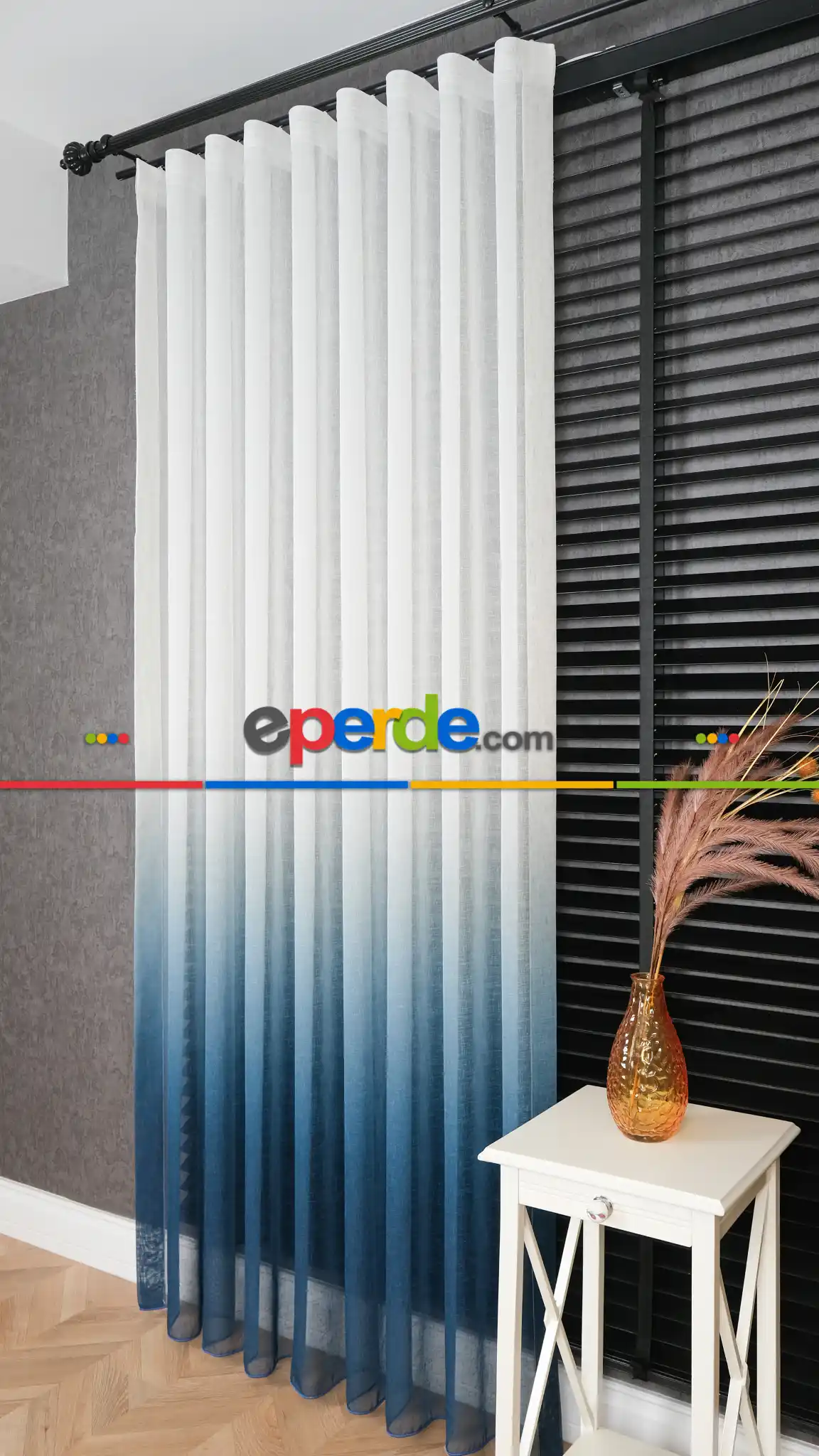 Keten Ekru Mavi Degrade Geçişli Tül Perde, Ağır Gramajlı Premium Seri, Eteği Kurşunlu