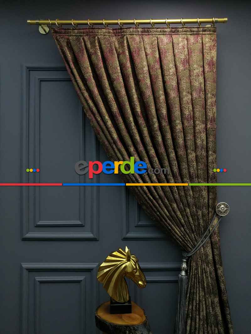 Oturma Odası - PatineDesenli Modern Desenli Jakarlı Fon Perde Yeni Seri 401- Bej-haki-mürdüm