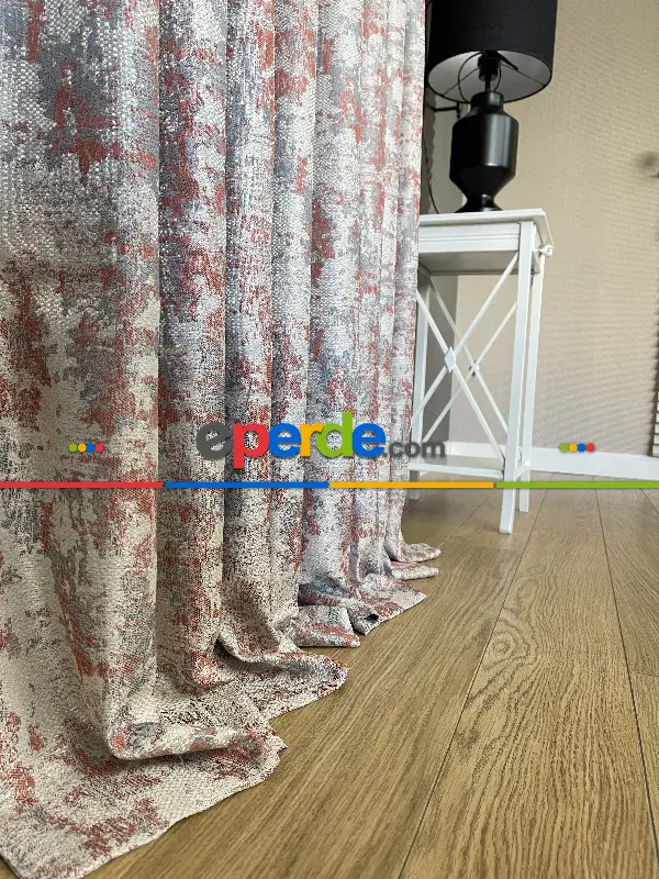 Patine Desenli Bej Kiremit Desenli Jakar Fon Perde (285 En)- Gri-füme-antrasit-kiremit Rengi