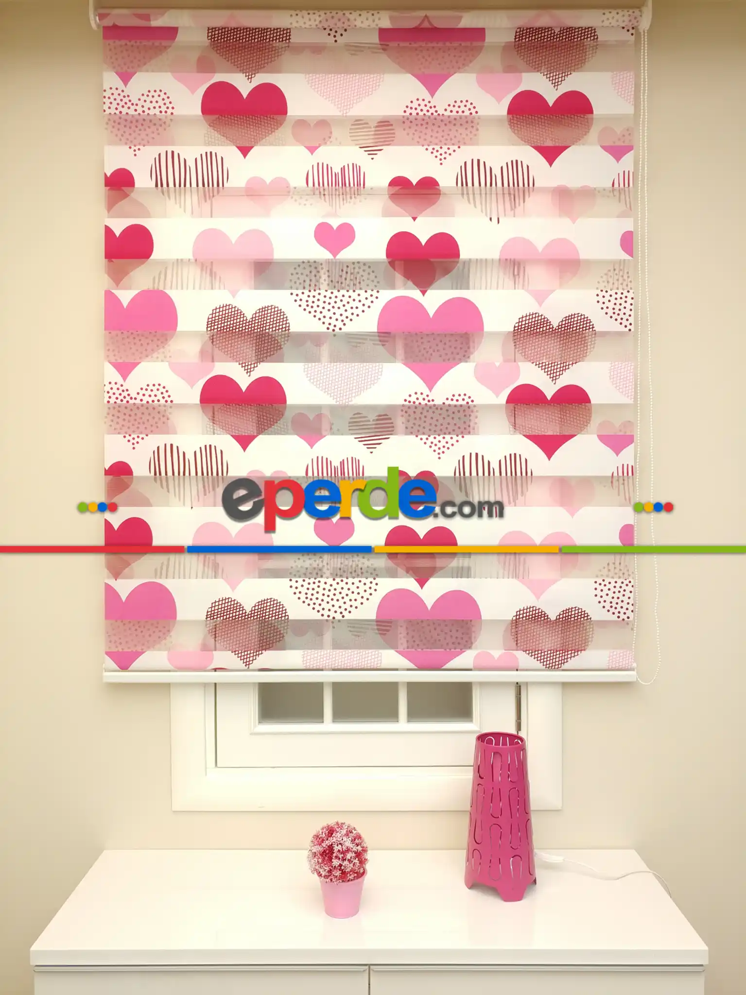 Zebra Perde- Kalp Baskılı Zebra Perde- Pembe