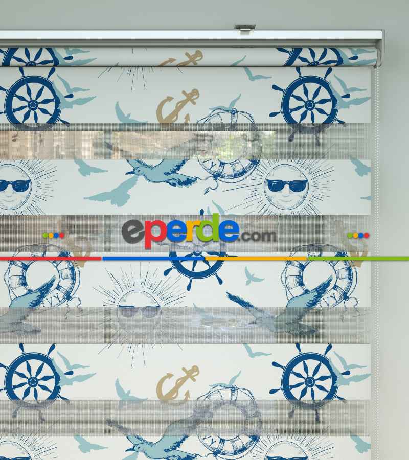 Denizci Desenli Baskılı Zebra Perde- Mavi-çok Renkli-camel