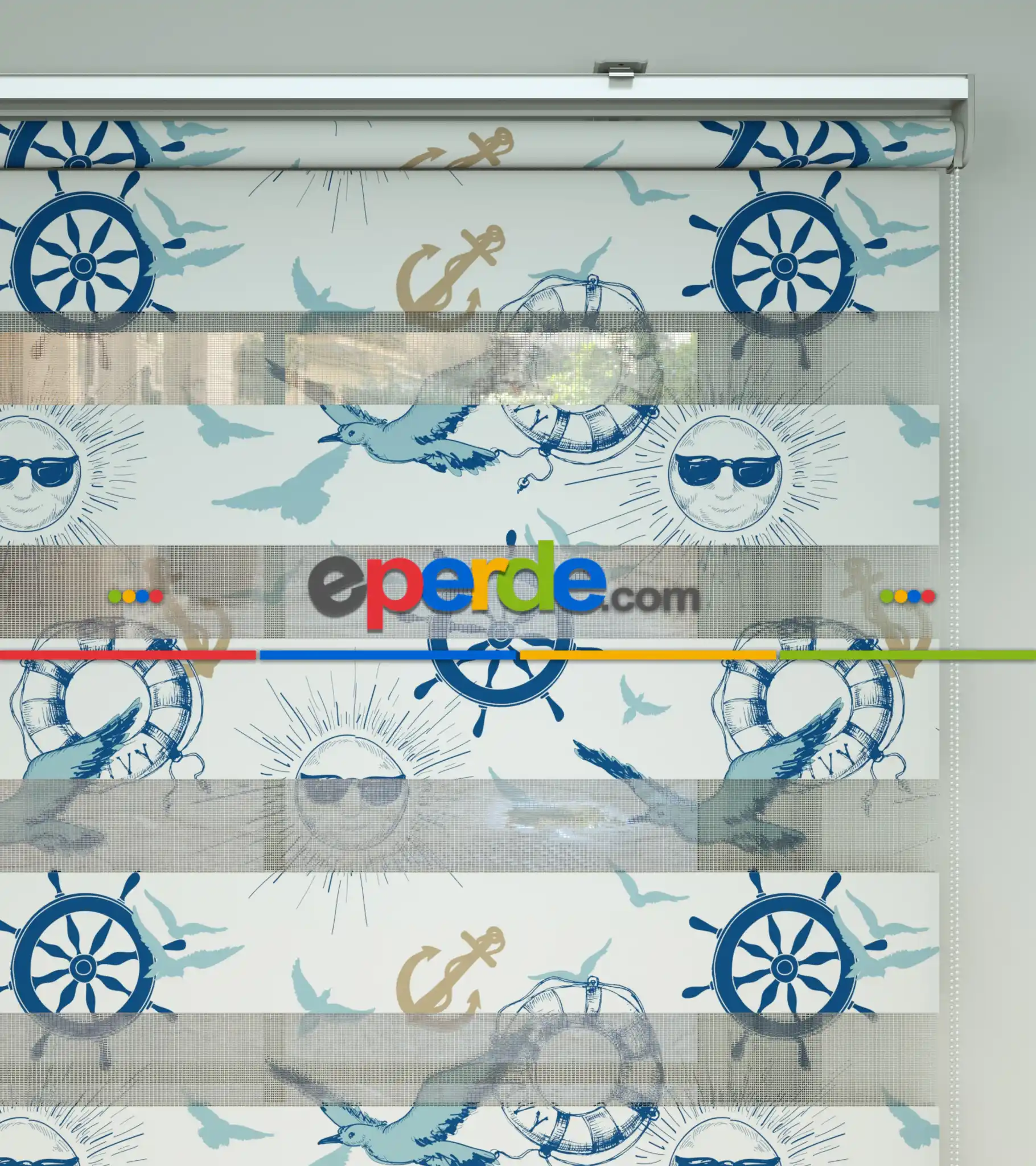 Çocuk Odası Zebra - Denizci Desenli Baskılı Zebra Perde- Mavi-Çok Renkli-Camel