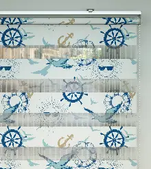 Denizci Desenli Baskılı Zebra Perde- Mavi-çok Renkli-camel