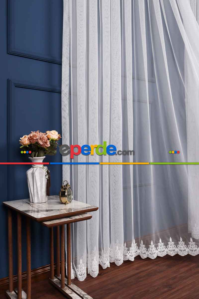 Grek Etek Ucu İşlemeli Nakış Tül Arne Desen Kırık Beyaz