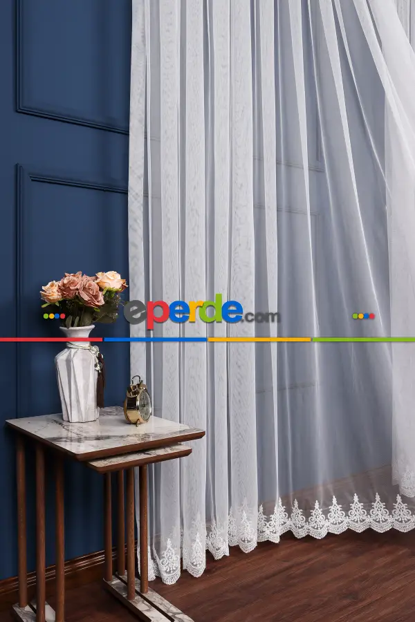 Mutfak Grek Etek Ucu İşlemeli Nakış Tül Arne Desen Kırık Beyaz