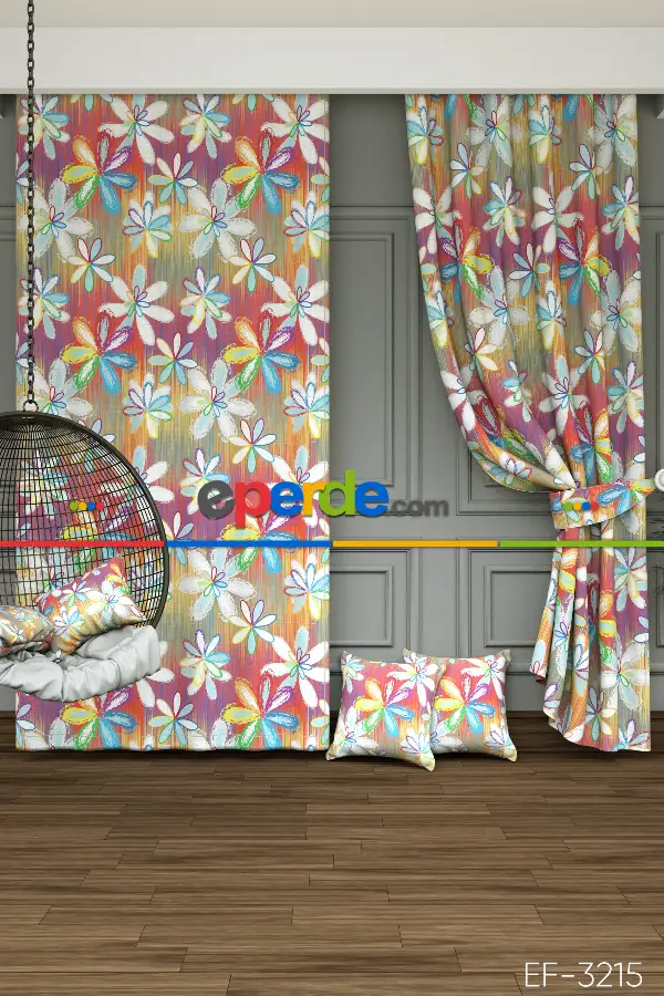 Dökümlü Kumaştan Rengarenk Çiçek Baskılı Fon Perde