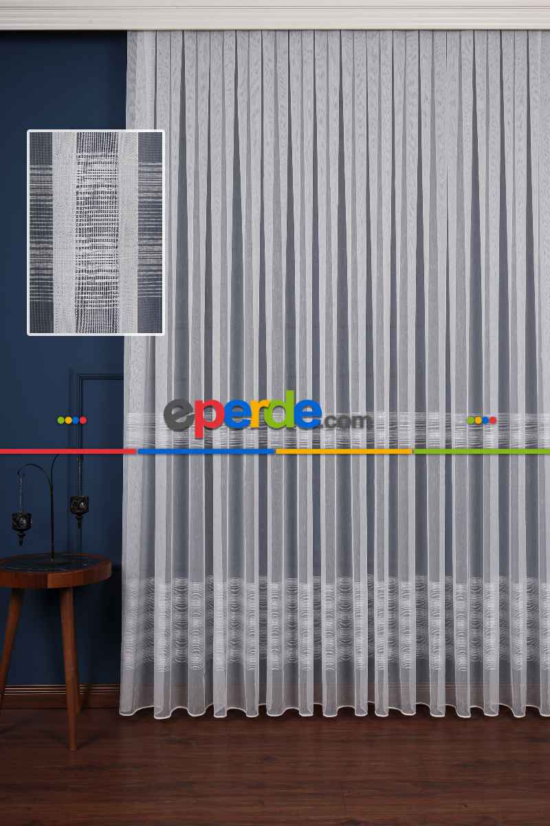 Yatak Odası - Enine Bantlı Simli Düz Tül Perde Ütü Istemez