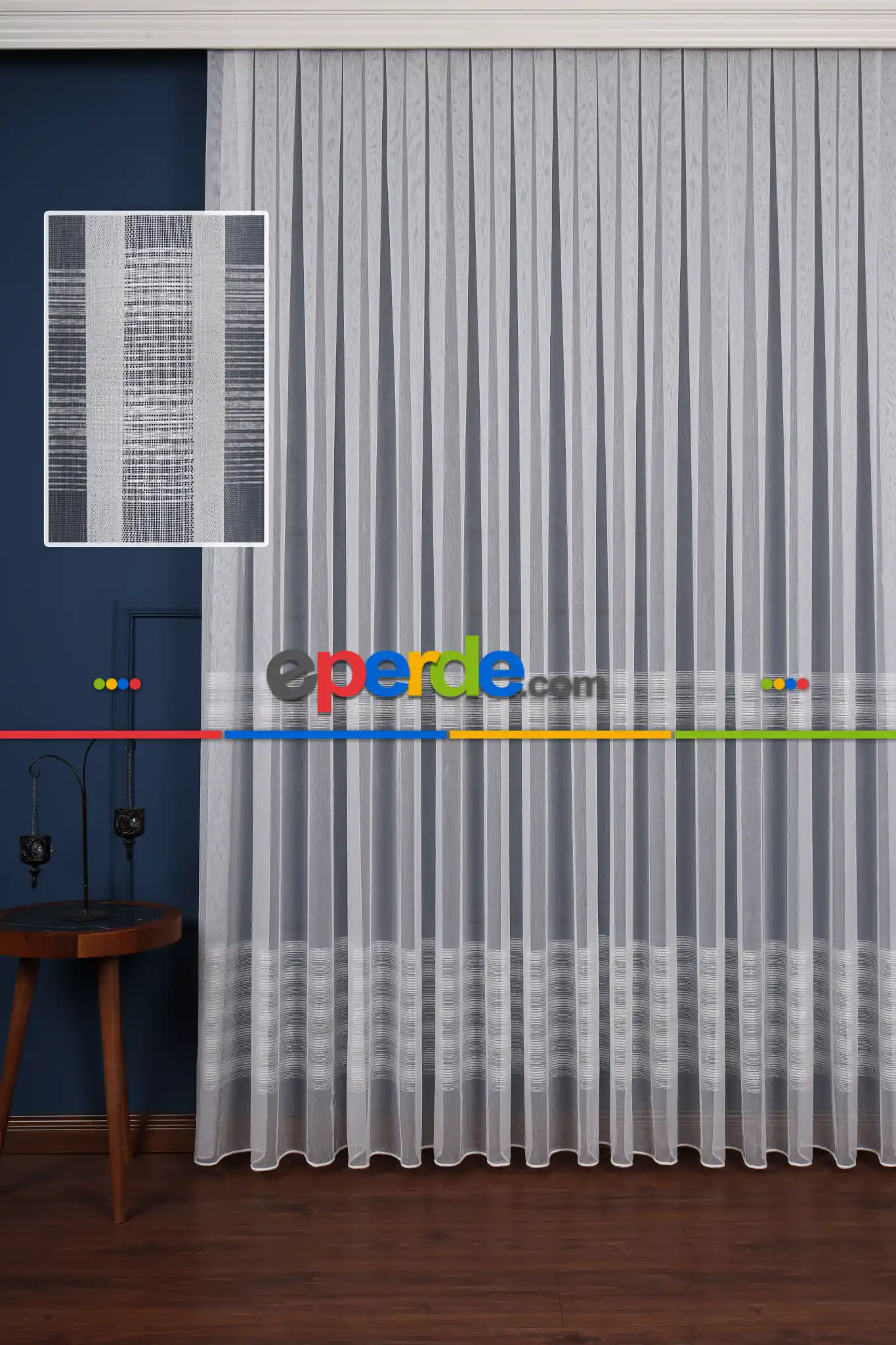 Enine Bantlı Simli Düz Tül Perde Ütü Istemez