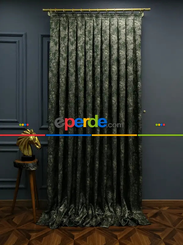 Yatak Odası Fon Patine Desenli Modern Desenli Jakarlı Fon Perde Yeni Seri 401- Haki Yeşil