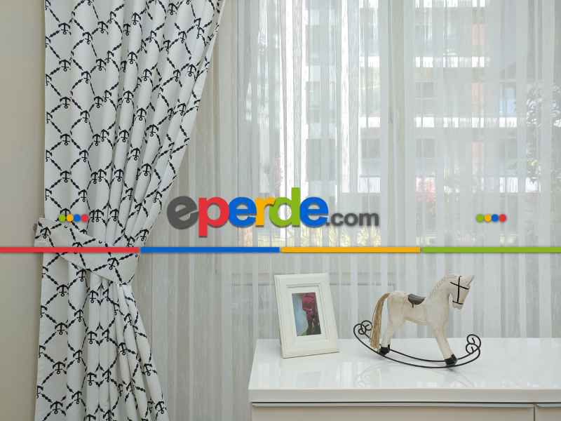 Çocuk Odası Fon - Çapa Denizci Desenli Fon Perde Modelleri- Siyah