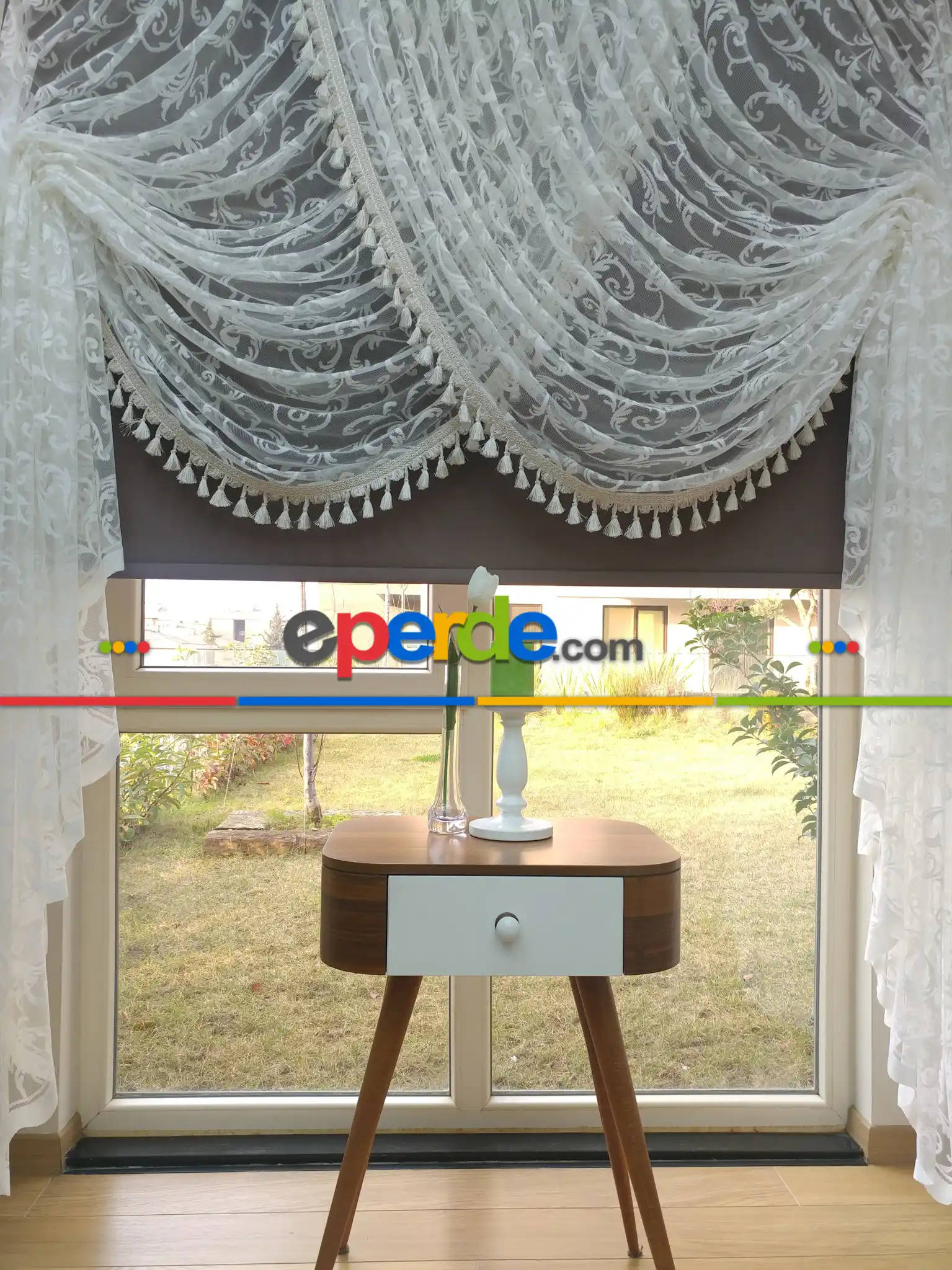 Salon Kruvaze Tül Perde - Saçak Opsiyonel - Örme Zemin- Ekru