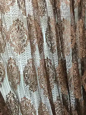 Kahverengi Damask Desen İp Tül Fon Perde - Kordon Bağcıklı Gönderilmektedir- Kahverengi
