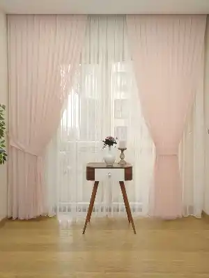 Metre İle Satış - Dolgulu Keten Yüksek Gramajlı Düz Tül Perde Kumaşı - Dikişsiz- Pembe Pudra Pembe