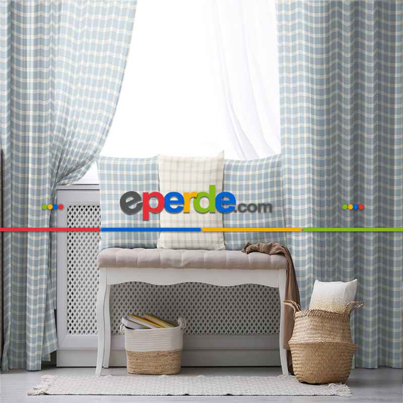 Salon Fon Perde Evim1615-4 Kumaşı Kalındır Duck Bezi Değildir- Mavi-beyaz