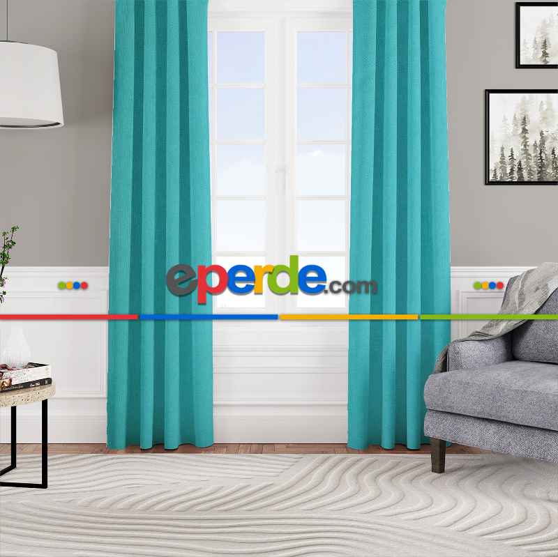 Kadife Dokulu Fon Perde Pilesiz Tek Kanat Turkuaz