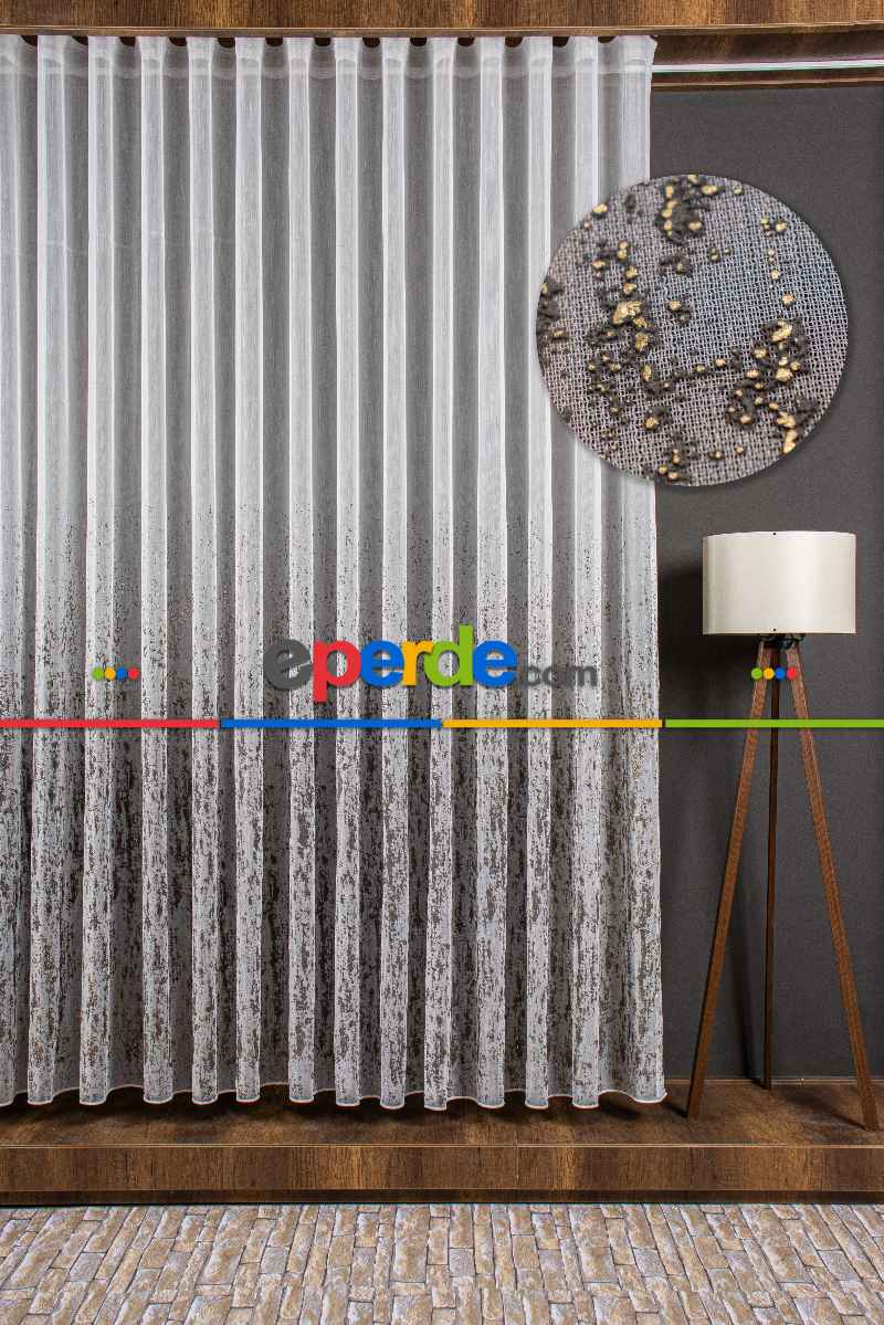 Altın/gümüş Etek Patine Desenli Tül Perde - Armür Dokuma Keten Efektli Zemin