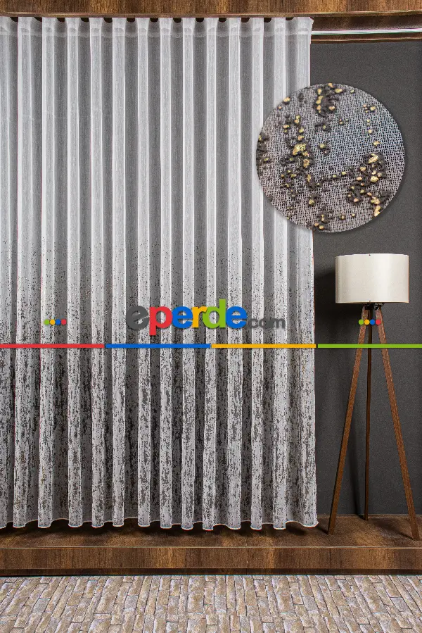 Salon - Altın/gümüş Etek Patine Desenli Tül Perde - Armür Dokuma Keten Efektli Zemin