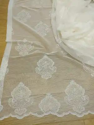Serpme Damask Desenli Özel Örme Dokulu Tül Perde - Ekru