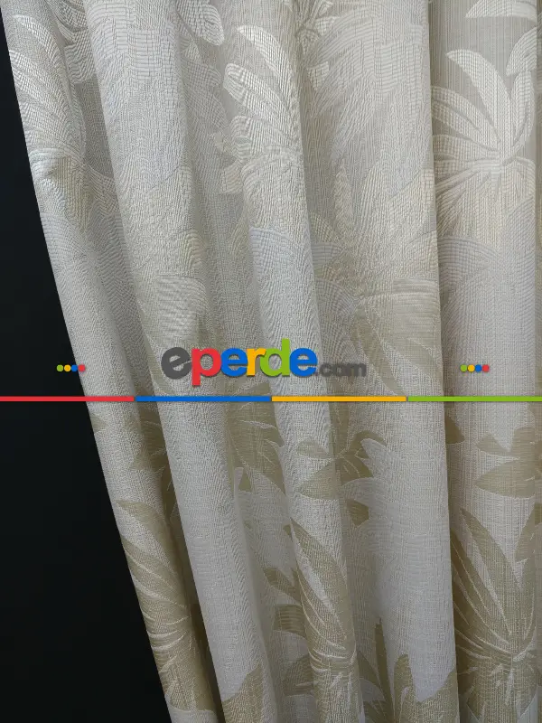 Krem Yaprak Desenli Jakar Fon Perde- Krem